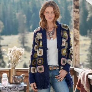 Navy Multicolor Crochet Cardigan